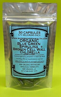 Organic Blue Green Spirulina & Broken Cell Wall Chlorella(50 Capsules-575 Mg Ea)