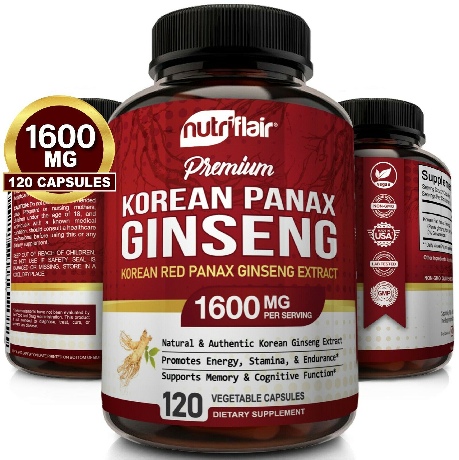 NutriFlair Korean Red Panax Ginseng Pills 1600mg, 120 Capsules 5% Ginsenosides