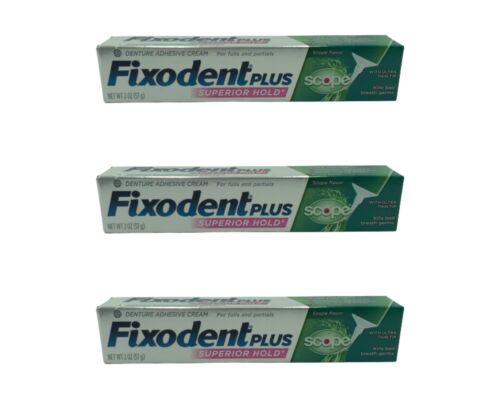 3 PACK Fixodent PLUS Superior Hold, Scope Flavor, Denture Adhesive, (2 OZ Each)