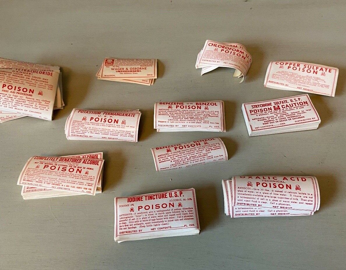 Vintage Apothecary  Poison Labels Skull And Cross Bone  Huge Lot Red White