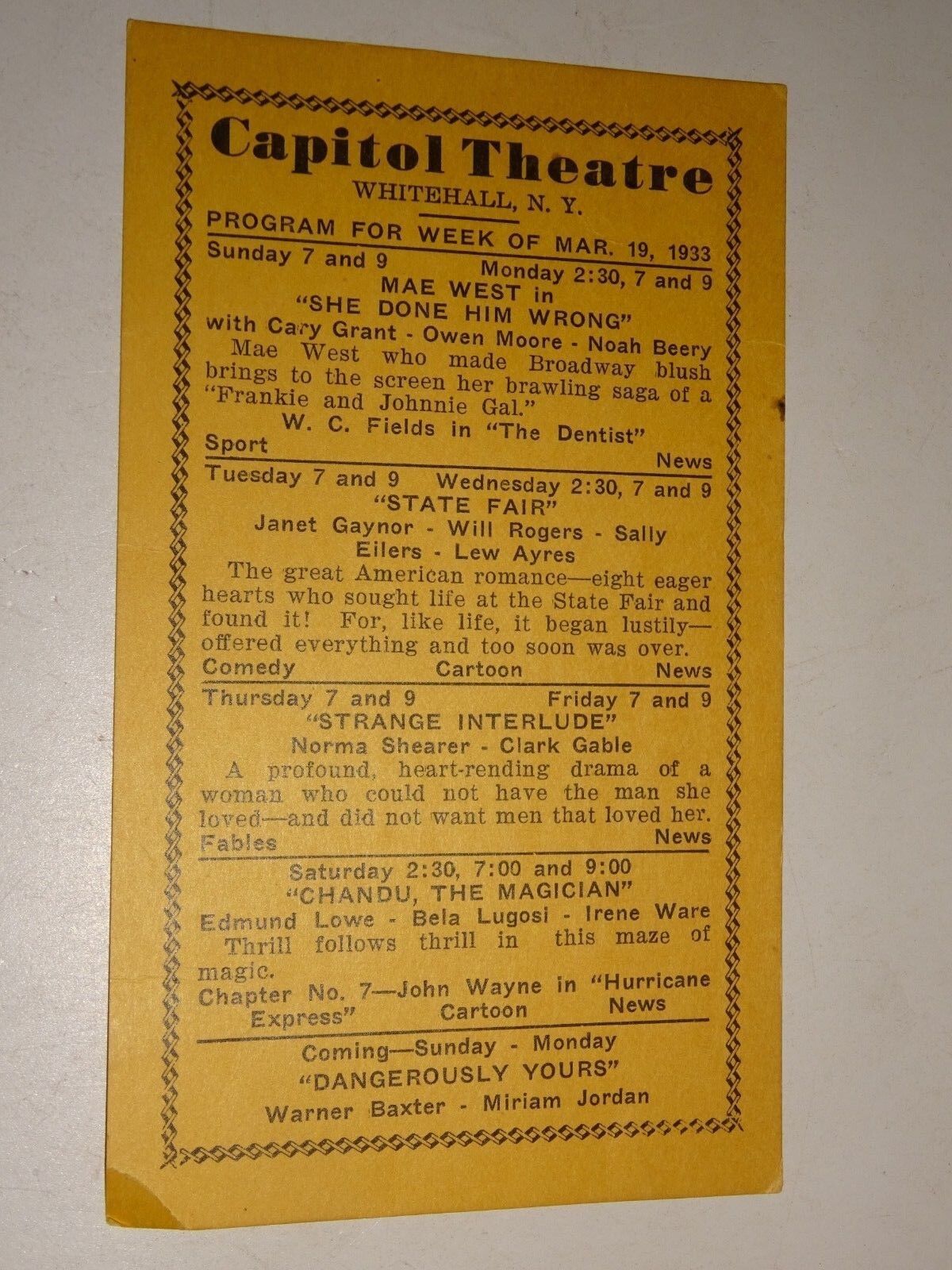 1933 Capitol Theatre Whitehall, Ny Program For Week Of March 19