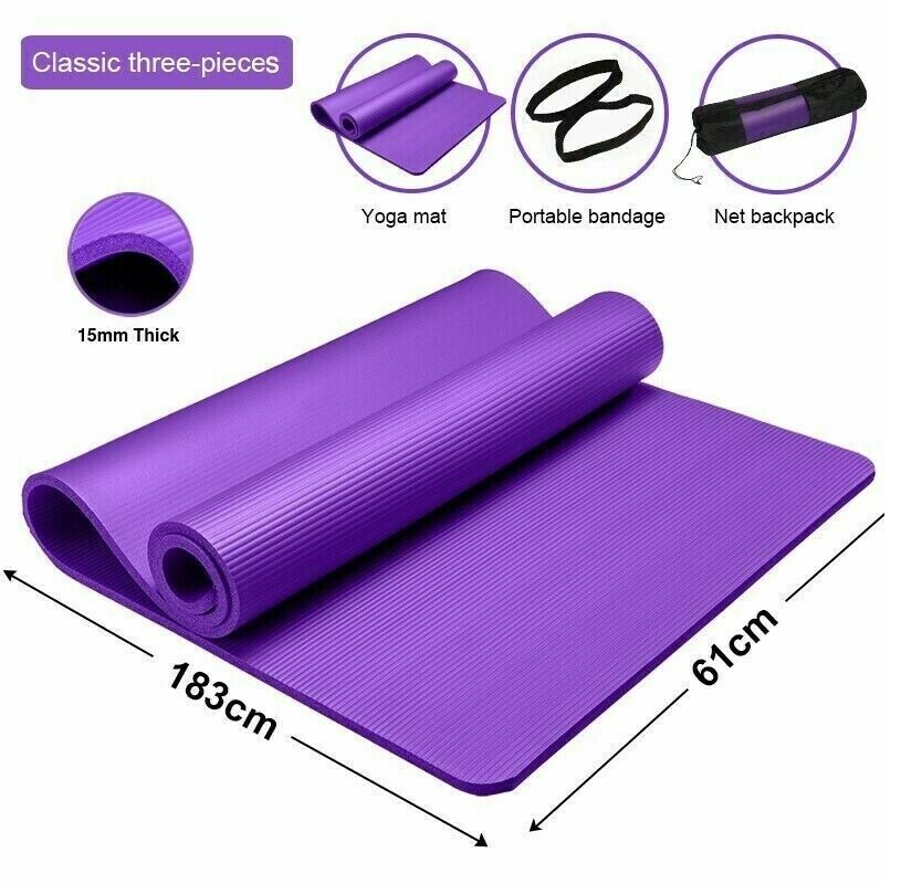 Yoga Mat For Pilates Gym Exercise 12mm Thick Large Nbr 183x61cm Free Bag & Strap