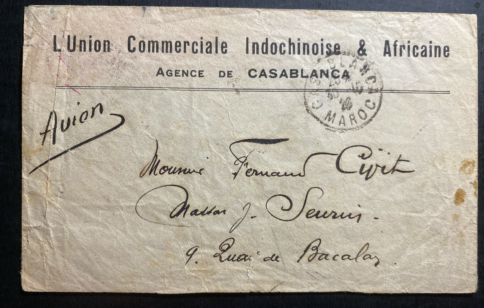 1926 Casablanca Morocco Commercial Union Cover Locally Used Back Stamps