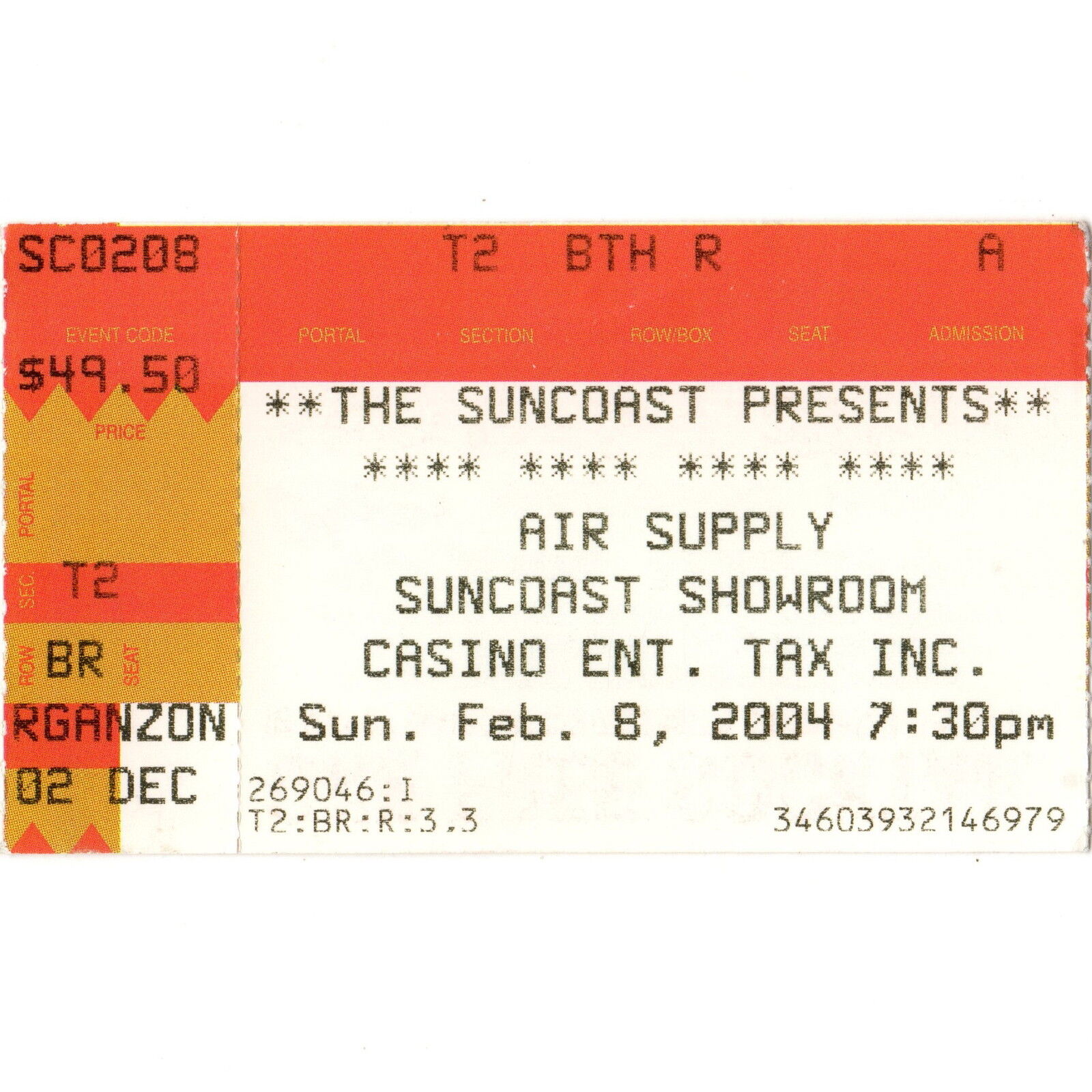 AIR SUPPLY Concert Ticket Stub LAS VEGAS 2/8/04 NEVADA SUNCOAST CASINO rare