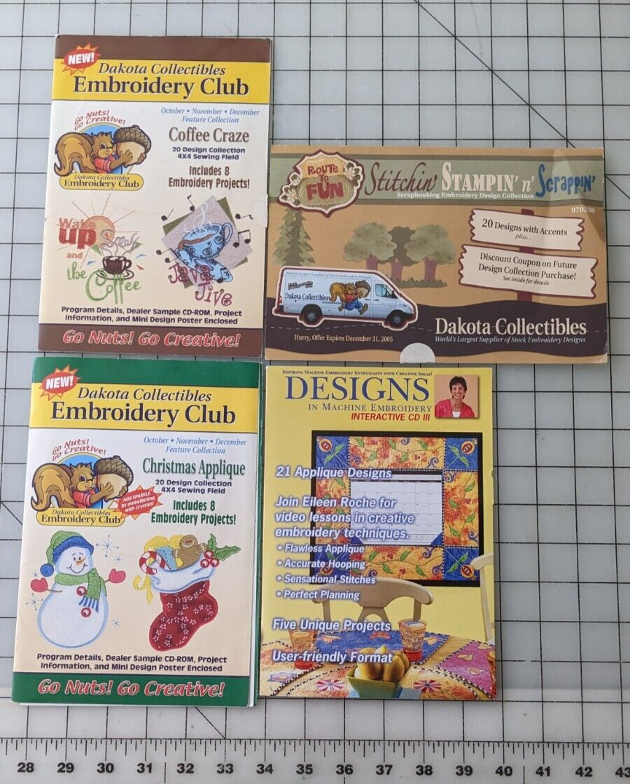 Lot of 4 Embroidery Design CDs Dakota Collectibles Coffee Crazy Christmas Stamp
