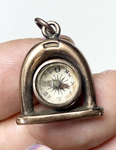 Horseshoe Compass Pendant Fob. Copper, Glass. Antique Jewelry