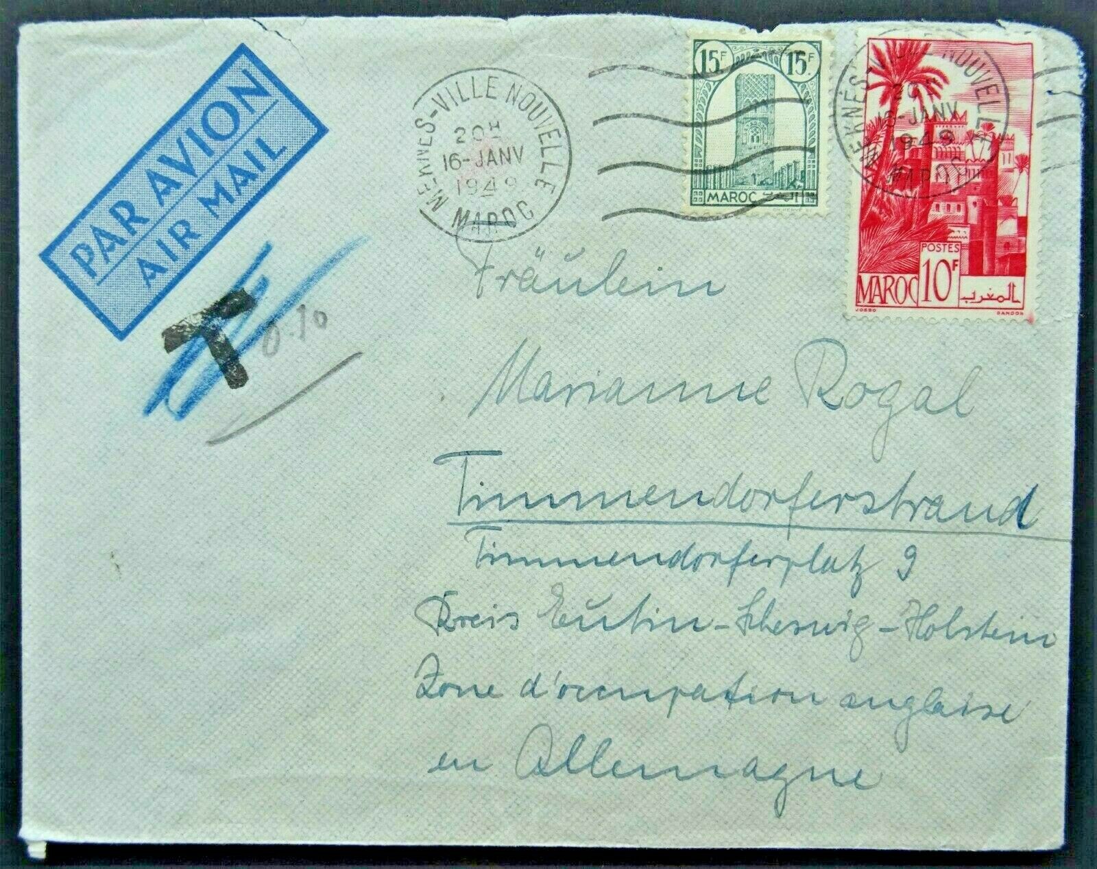 Stamped Envelope Morocco to Timmersdorferstrand with Typical Postal Stamp 1949