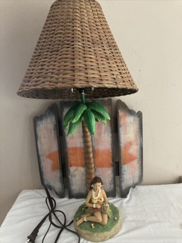 Hawaiin Hula Girl Palm Tree Resin Statue Table Lamp 30” As Is