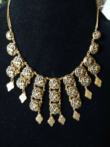 Antique Victorian Brass Bib Drop Necklace 17"