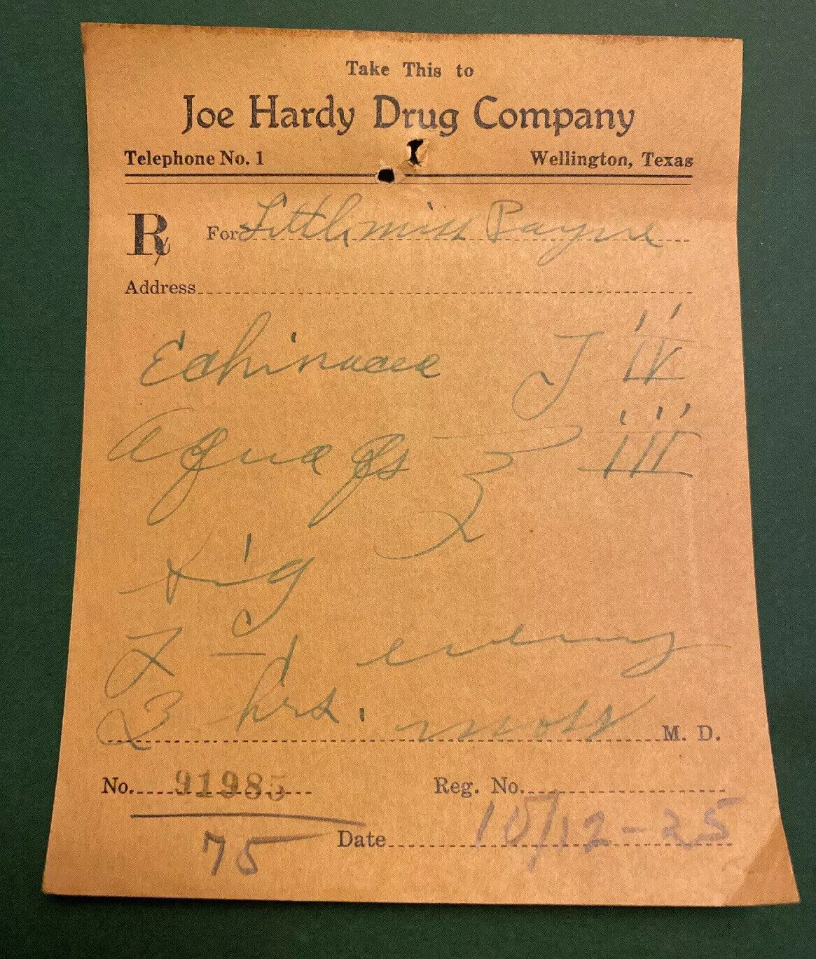 Vintage 1925 Drug Co Pharmacy Wellington Texas Baby Echinacea Prescription
