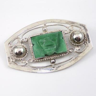 Vtg Early Taxco Mexico Sterling Silver Large Carved Face Green Jade Pin Lfj3