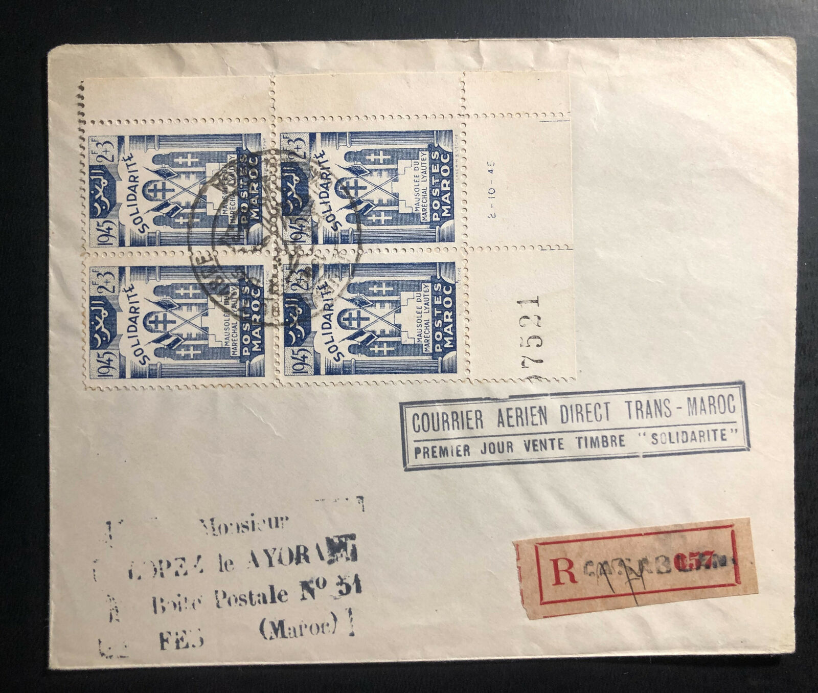 1945 Casablanca Morocco first Day Airmail Cover FDC to Fes Solidarity stamp