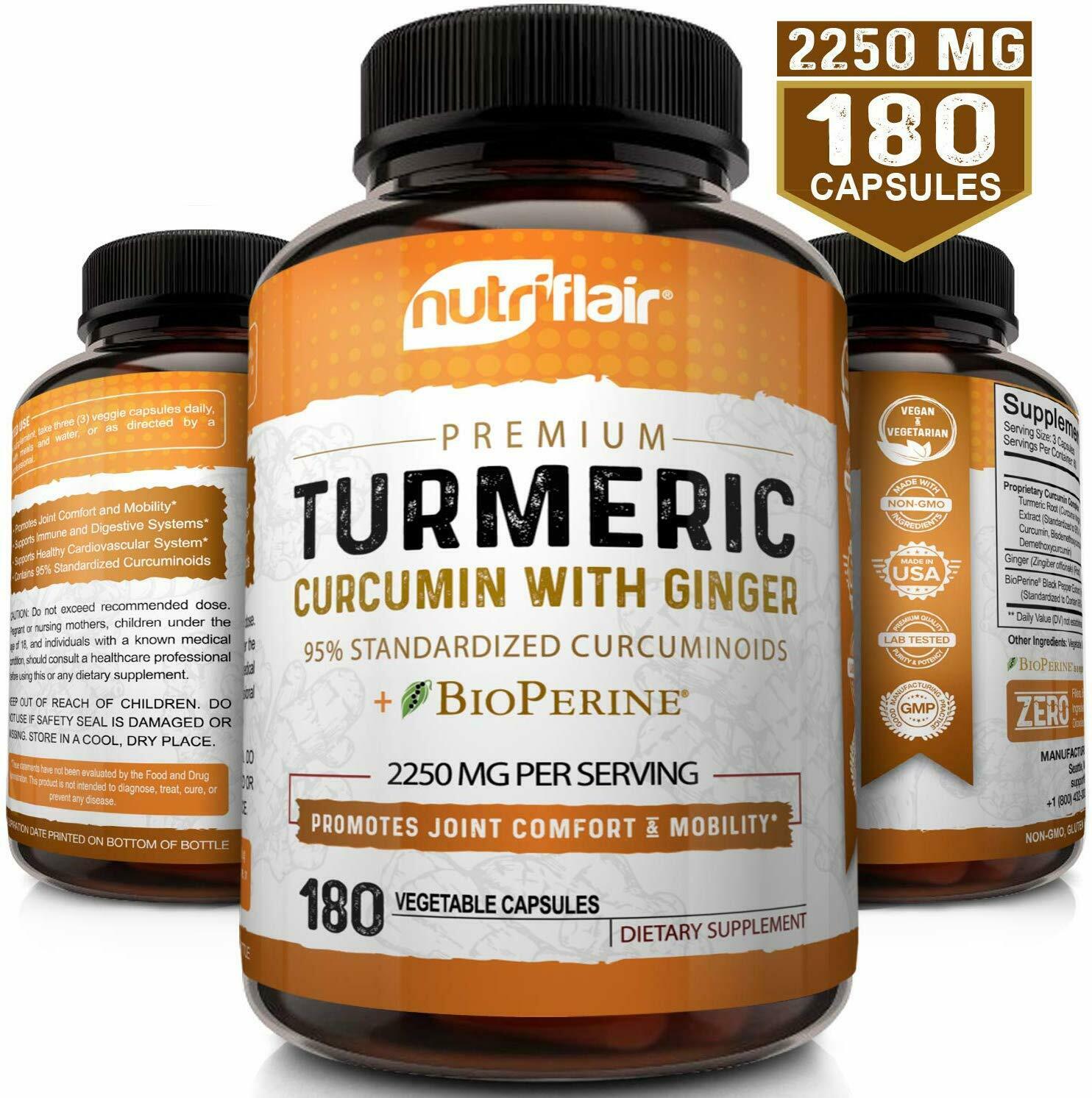 Turmeric Curcumin With Ginger & Bioperine Joint Pain 2250 Mg Root 180 Capsules