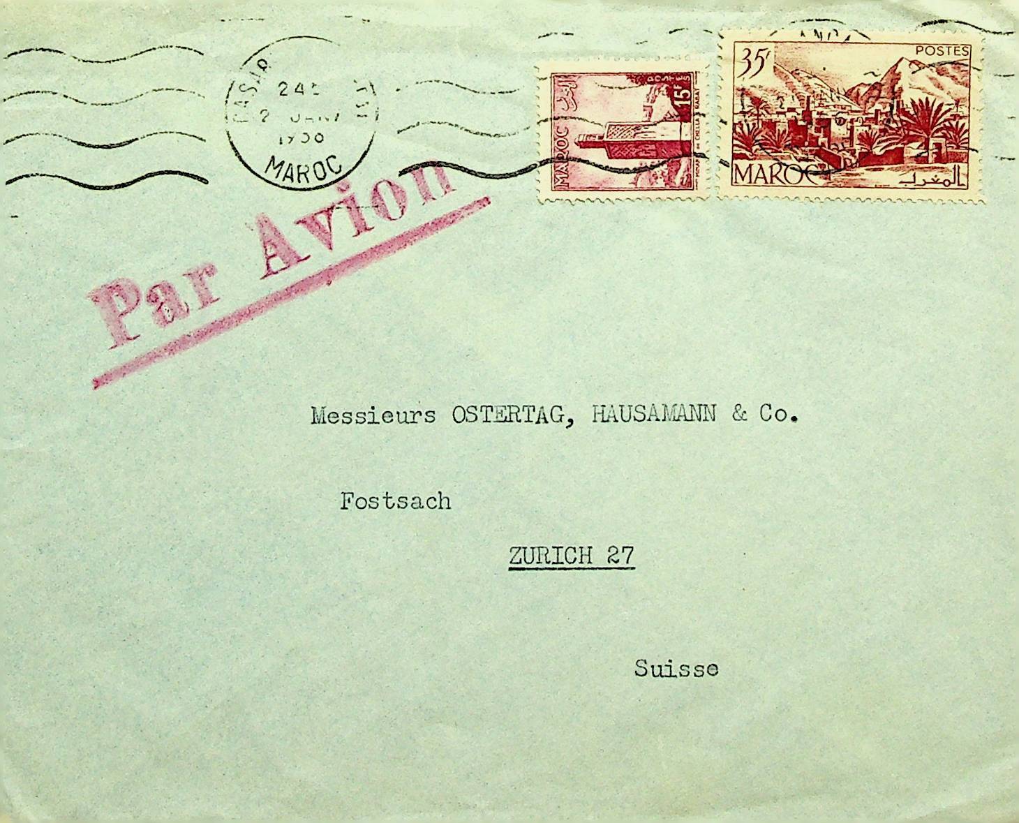 MOROCCO 2v ON AIRMAIL COVER FROM CASABLANCA TO ZUERICH SWITZERLAND