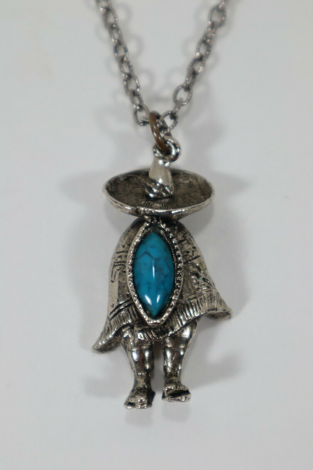Silver Toned - Mexican Man Sombrero - Necklace Pendant W/faux Turquoise Accent