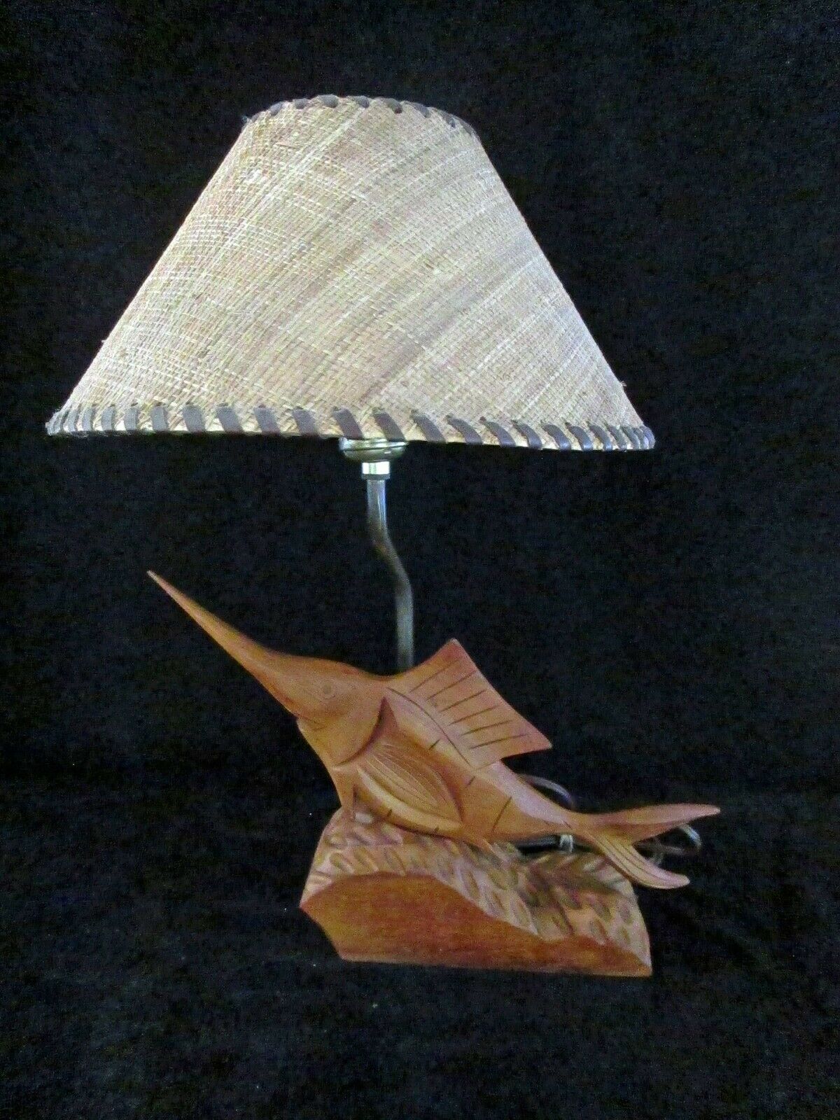 Outstanding Vintage 40s Hawaiian Hand Carved Swordfish Lamp And Raffia Lampshade