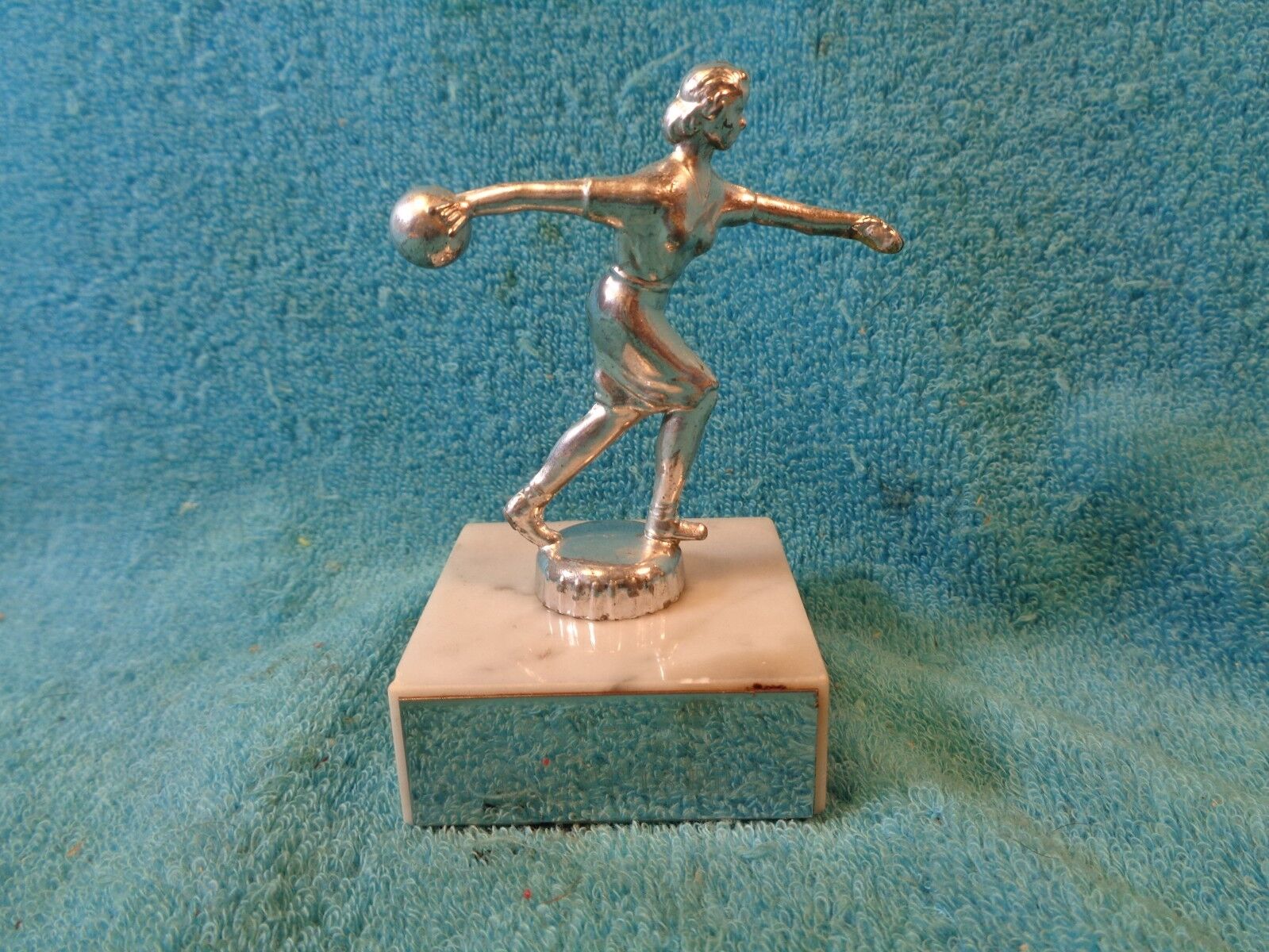 Vtg Old Small Petite Little 1960's Women's Bowling Trophy White Marble Base